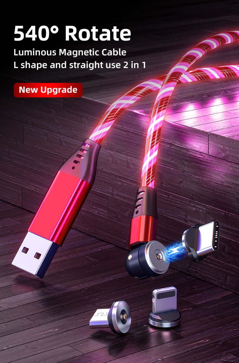 540 Rotate Luminous Magnetic Cable 3A Fast Charging Mobile Phone Charge Cable For LED Micro USB Type C For I Phone Cable